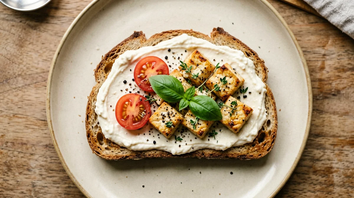 Bruschettone integrale con crema di cannellini e tofu alle erbe