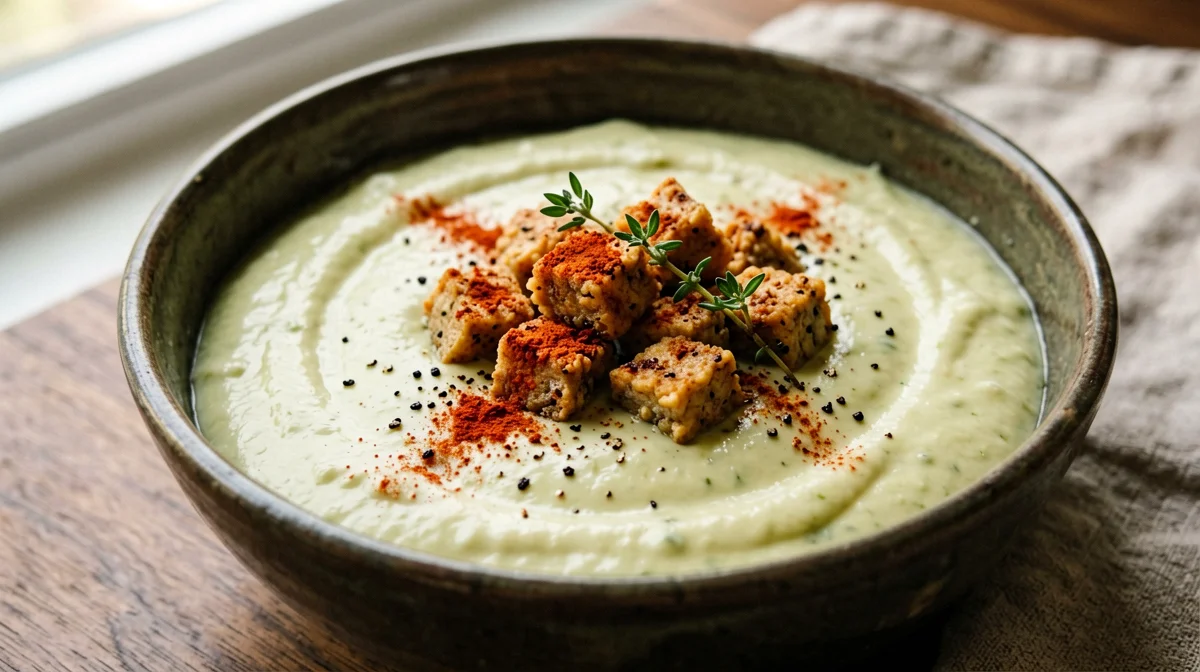 Cannellini and leek soup with crispy tempeh
