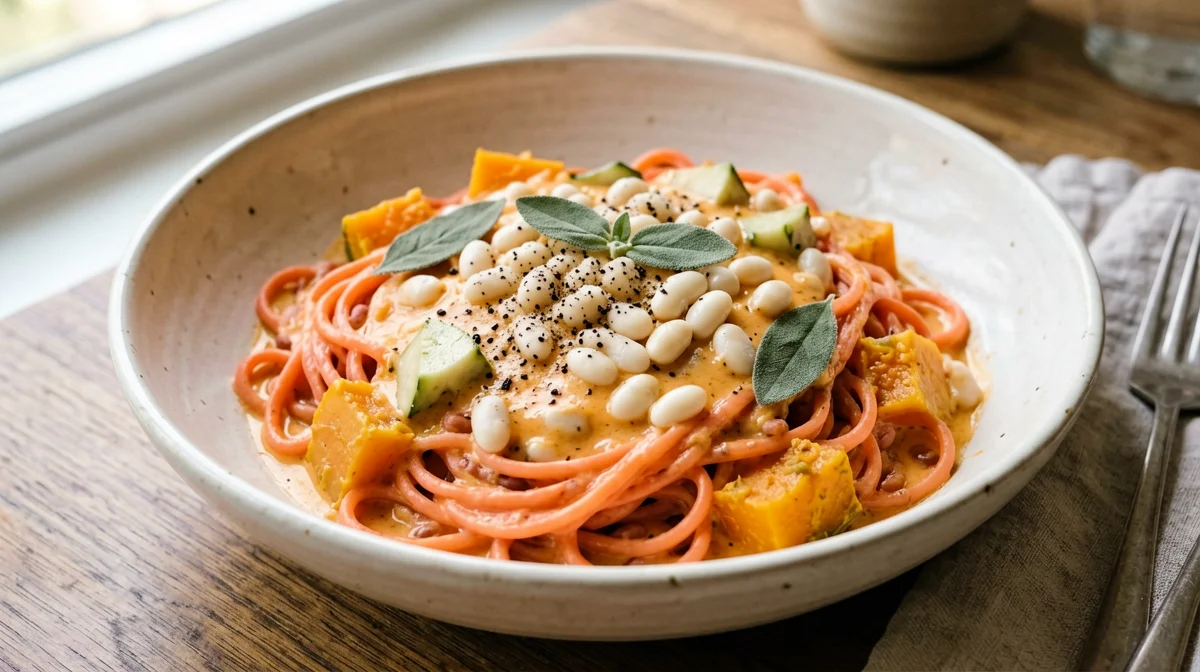 Pasta di lenticchie rosse con cannellini, salvia e zucca