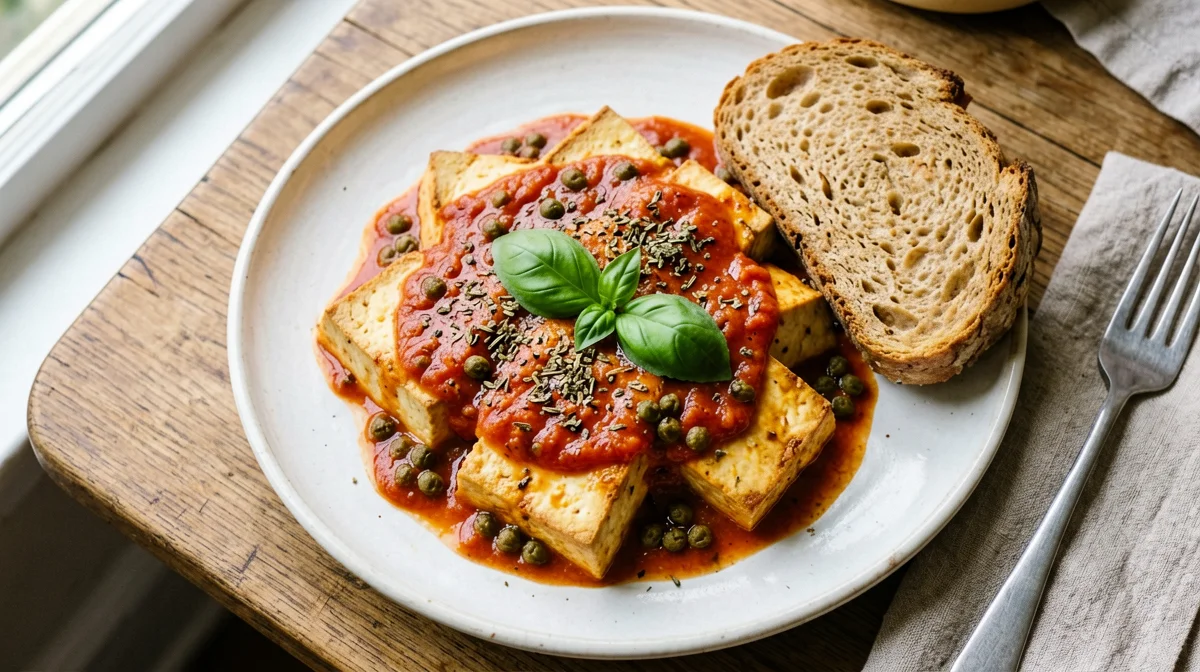 Tofu alla pizzaiola with oregano and capers