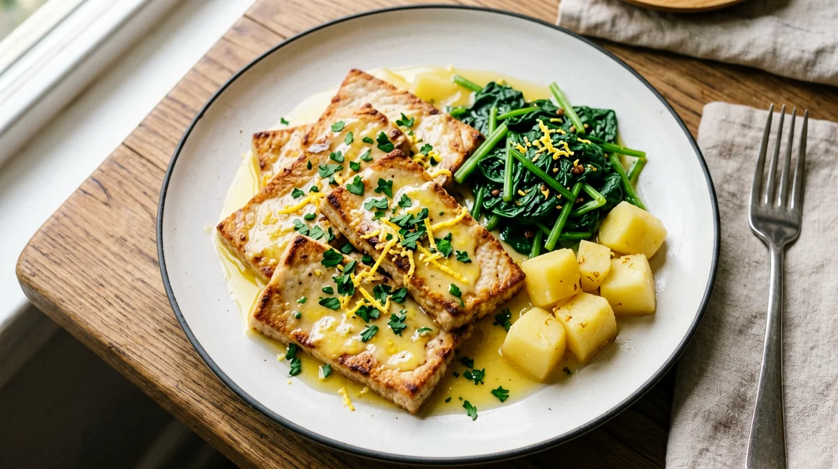 Scaloppine di tofu al limone con spinaci saltati