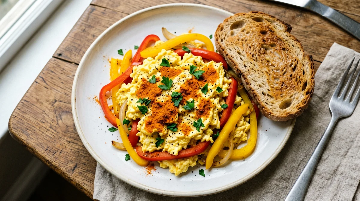 Scrambled tofu with peppers, onion and wholemeal bread