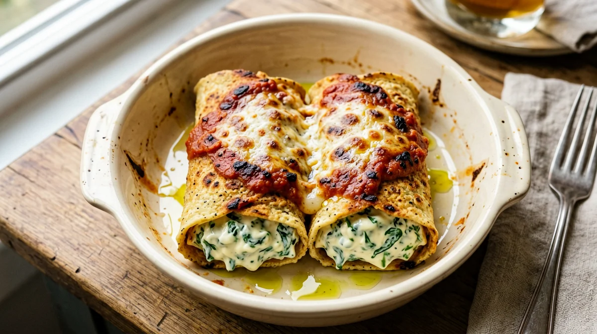 Baked chickpea crêpes filled with tofu and spinach