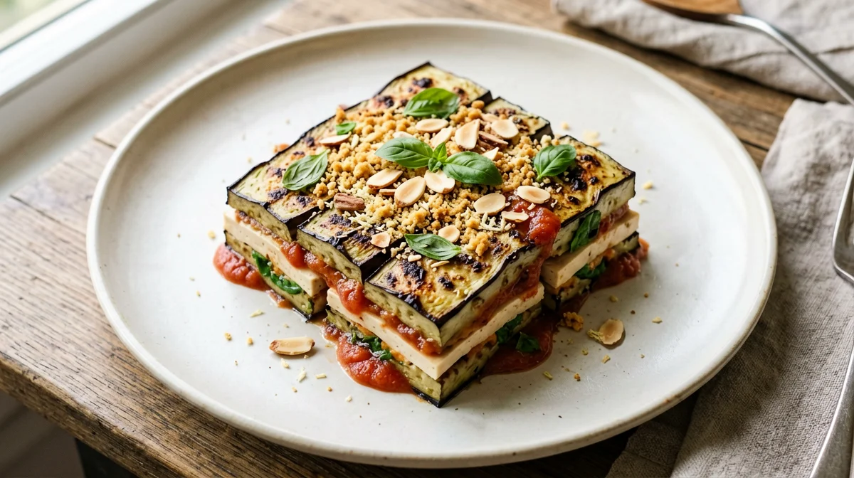 Aubergine parmigiana with tofu and basil