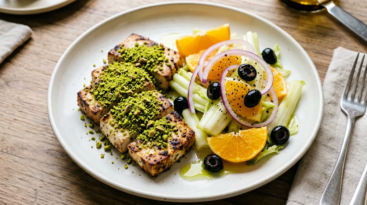 Pistachio-crusted tofu with orange salad