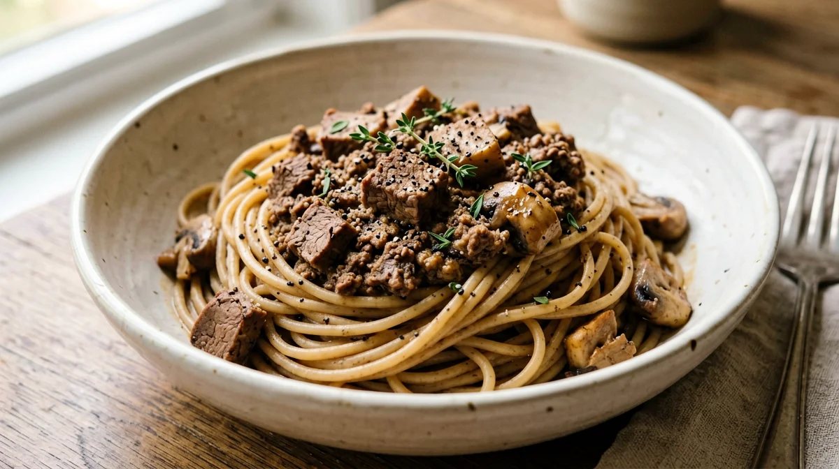 Whole wheat spaghetti with smoked tofu and mushroom ragù