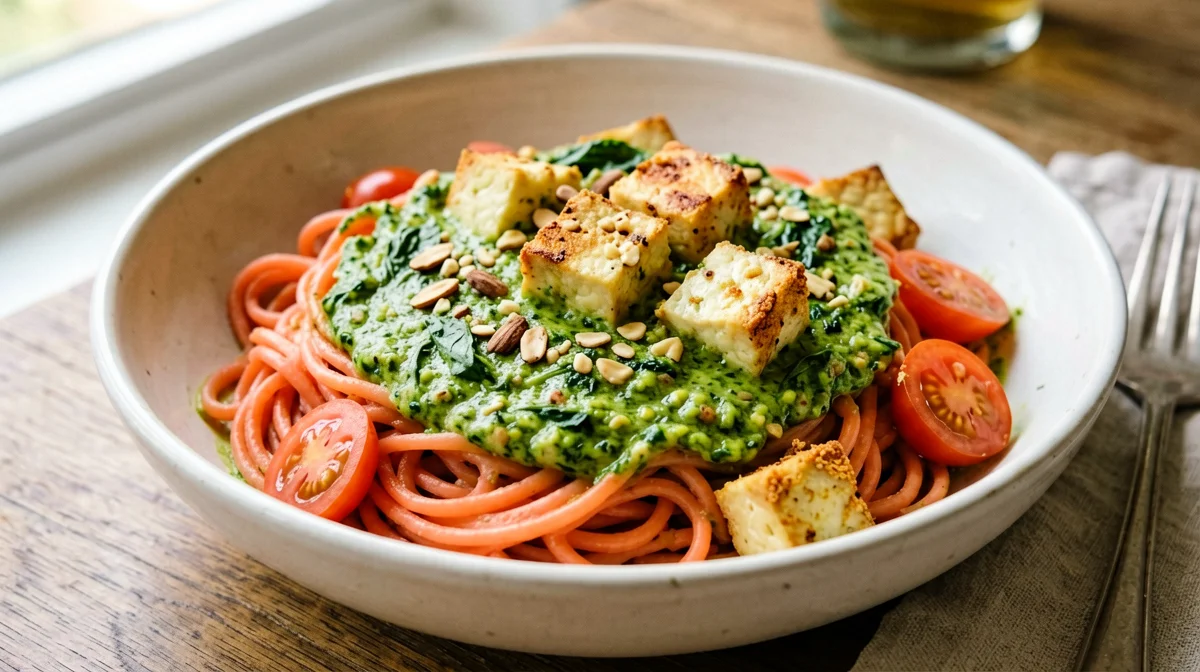 Red lentil pasta with rocket pesto and tofu