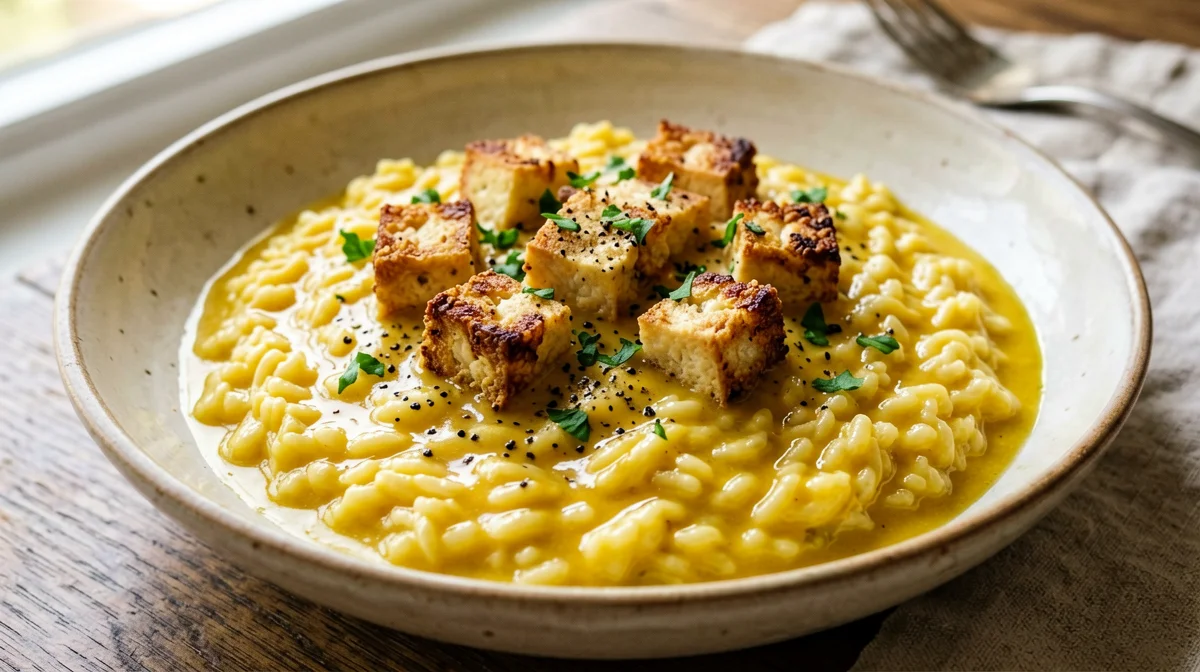 Risotto allo zafferano con tofu croccante