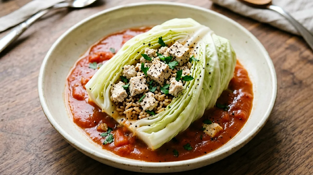 Involtini di verza con tofu e riso al pomodoro