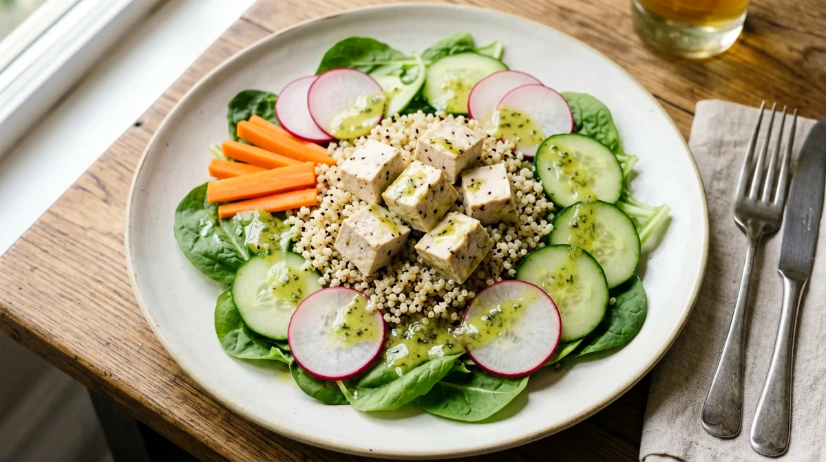 Quinoa salad with marinated tofu and raw vegetables