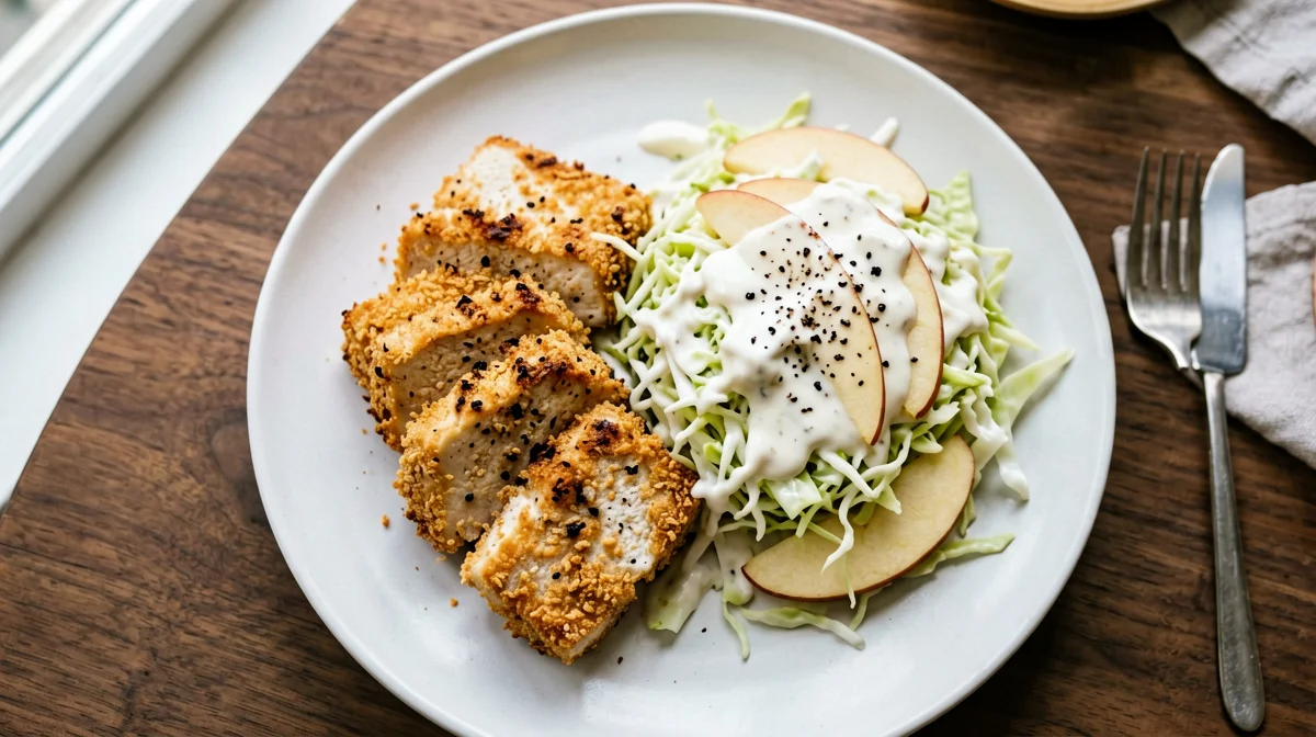 Oven-crumbed tofu with cabbage and apple slaw