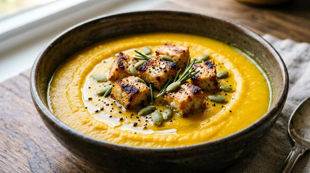 Squash soup with crispy smoked tofu and seeds