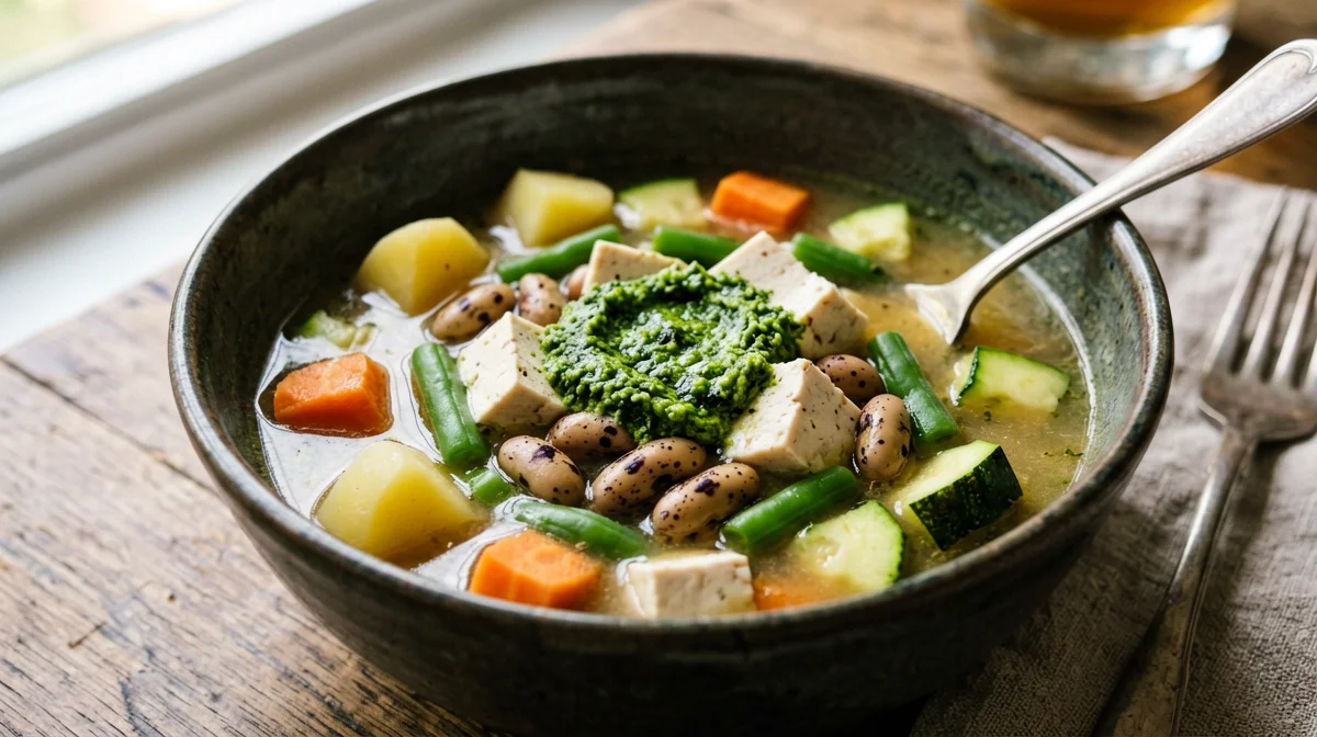 Minestrone alla genovese con tofu e pesto di basilico