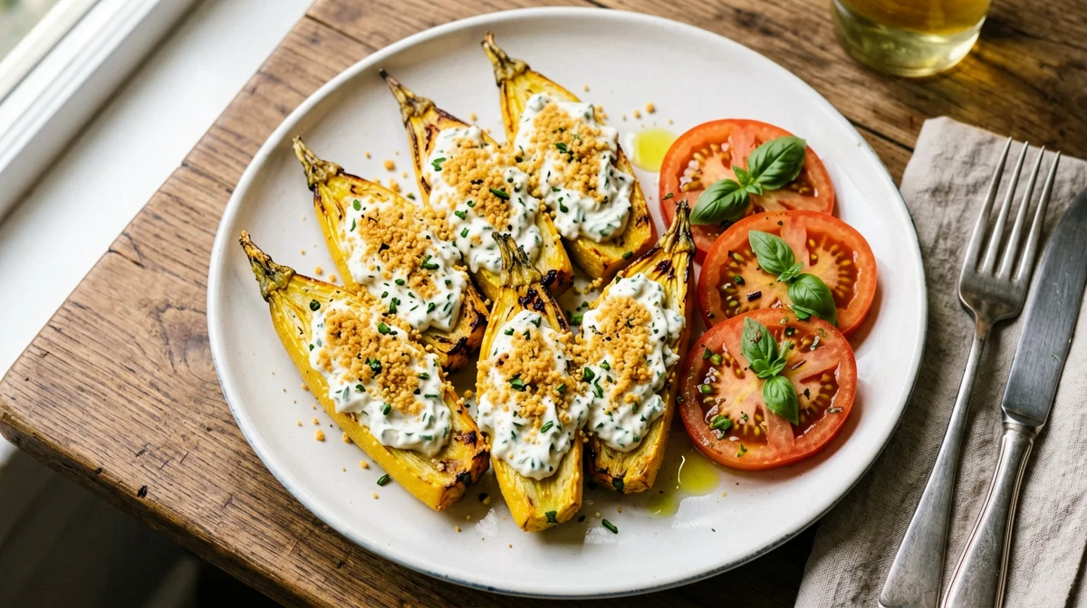 Fiori di zucca ripieni di crema di tofu al forno