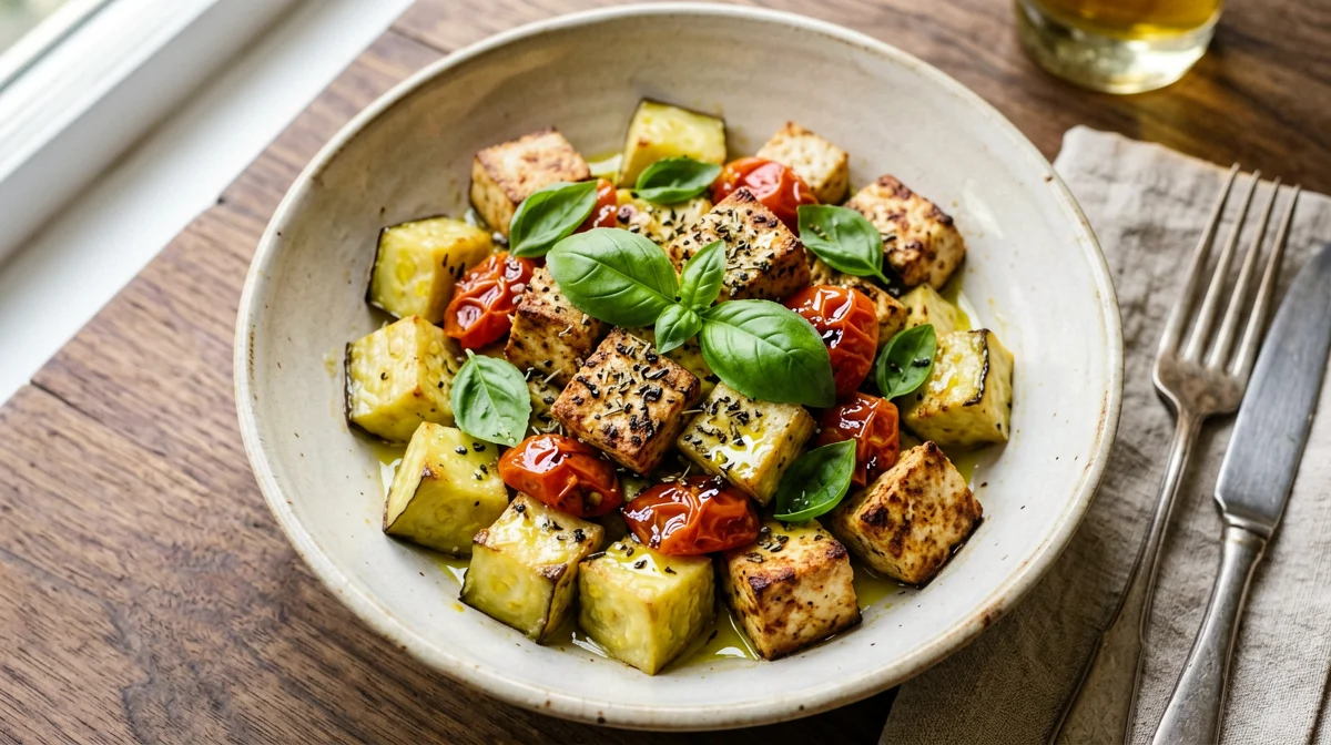 Melanzane a funghetto con tofu e pomodorini