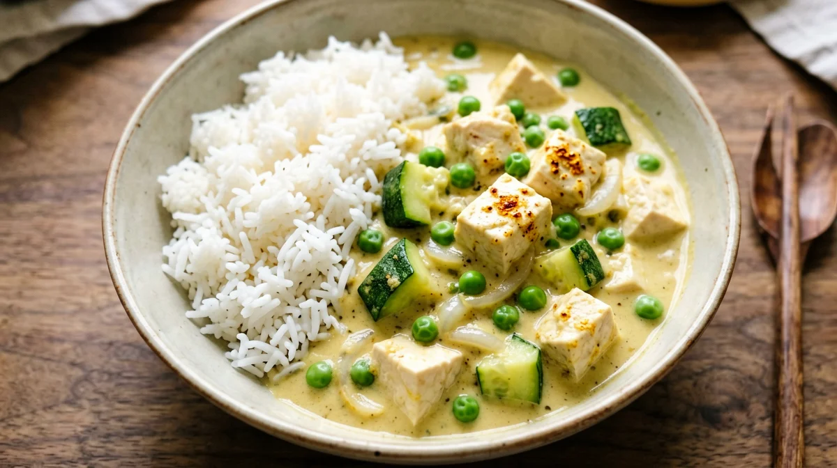 Tofu, zucchini and pea curry with basmati
