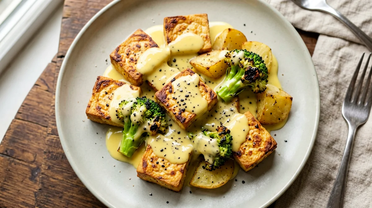 Roasted tofu and broccoli with mustard sauce