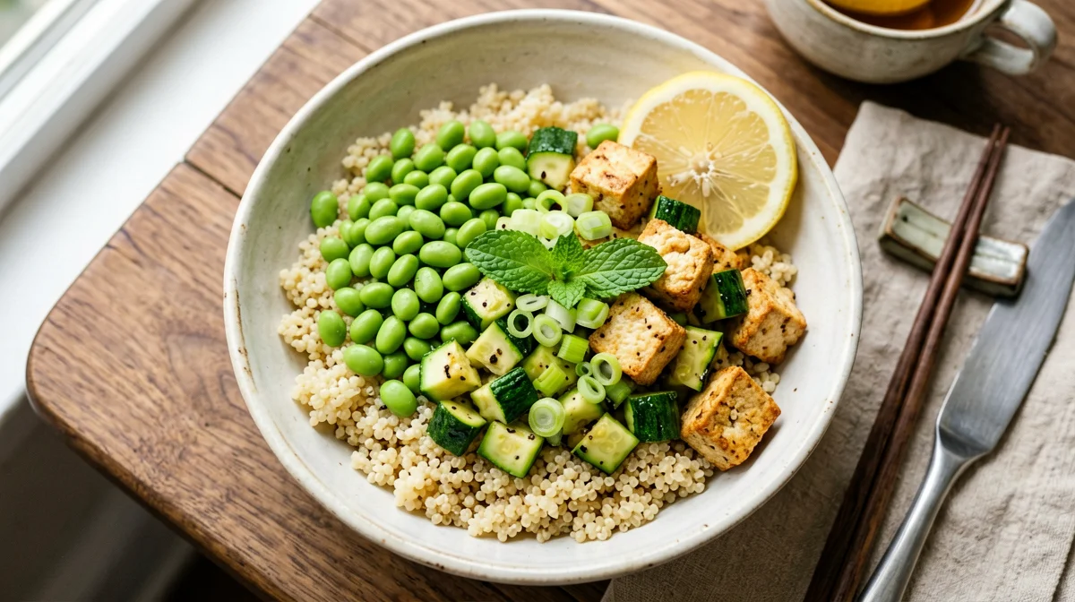 Sautéed edamame, zucchini and tofu over quinoa