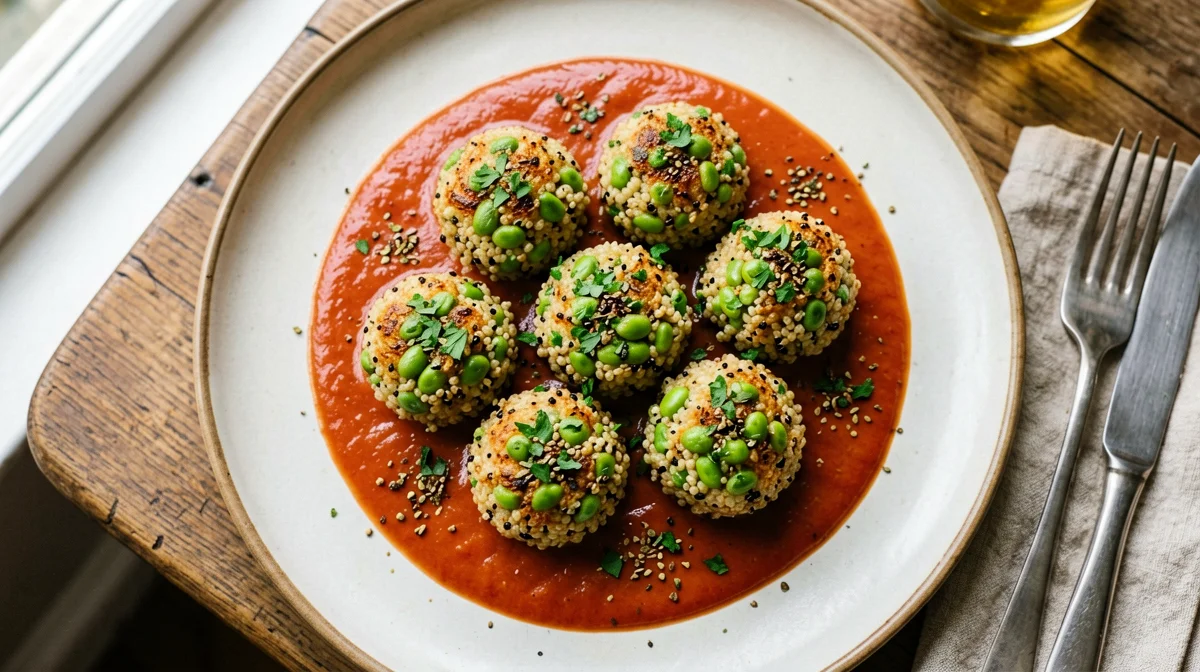 Polpette di edamame e quinoa con salsa di pomodoro