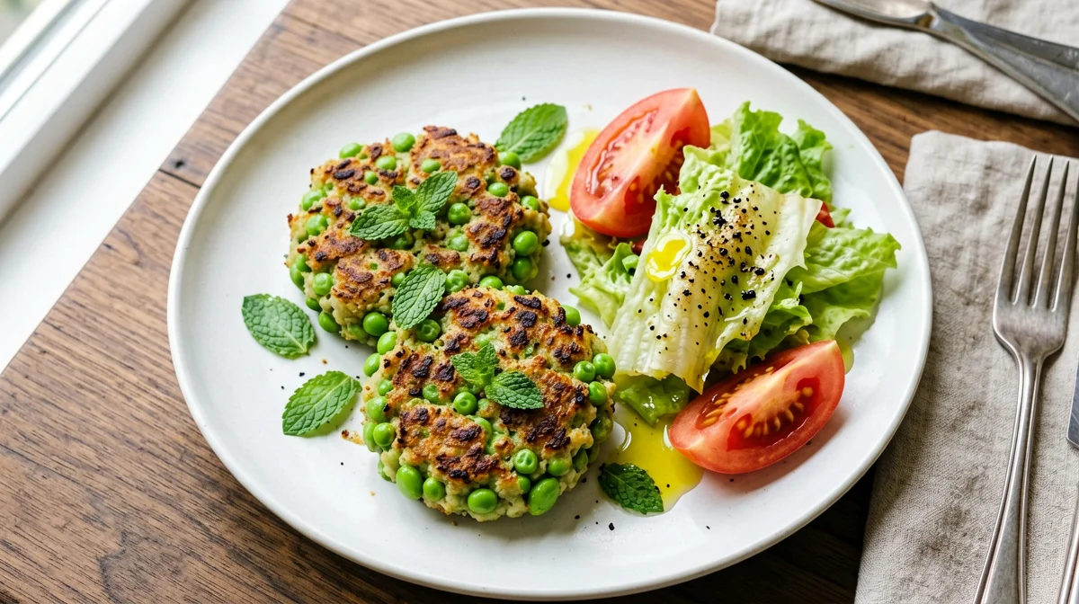 Burger di edamame e piselli con insalata di pomodori