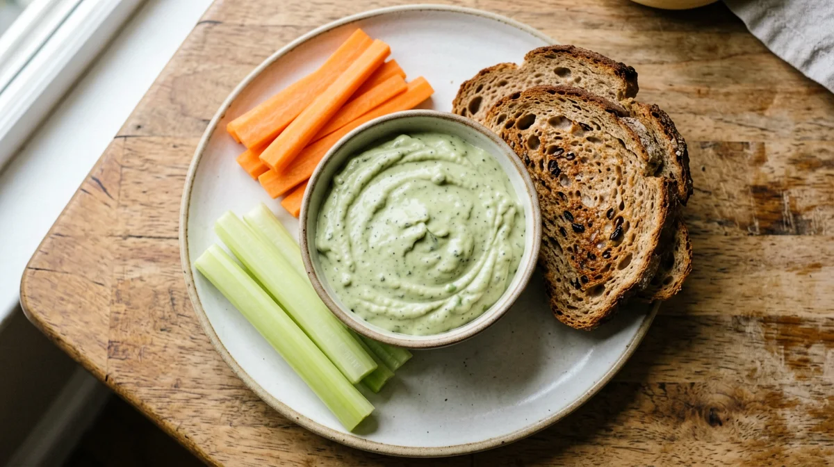 Lemony edamame dip with vegetables and rye bread