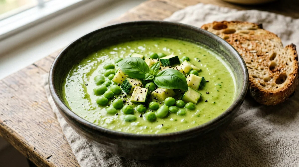 Minestra verde di edamame, piselli e zucchine