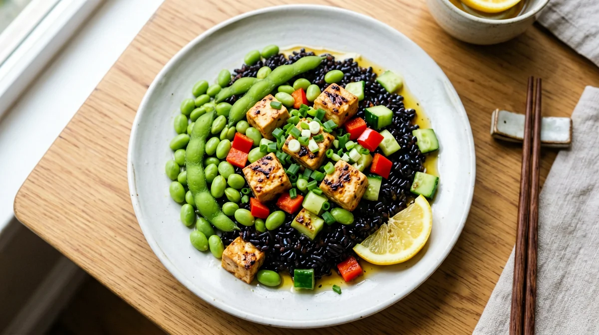 Black rice salad with edamame and smoked tofu