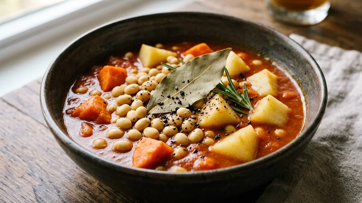 Yellow soybean and potato stew in tomato