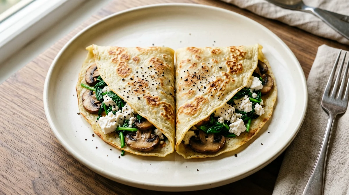 Soy flour crêpes with mushrooms and spinach