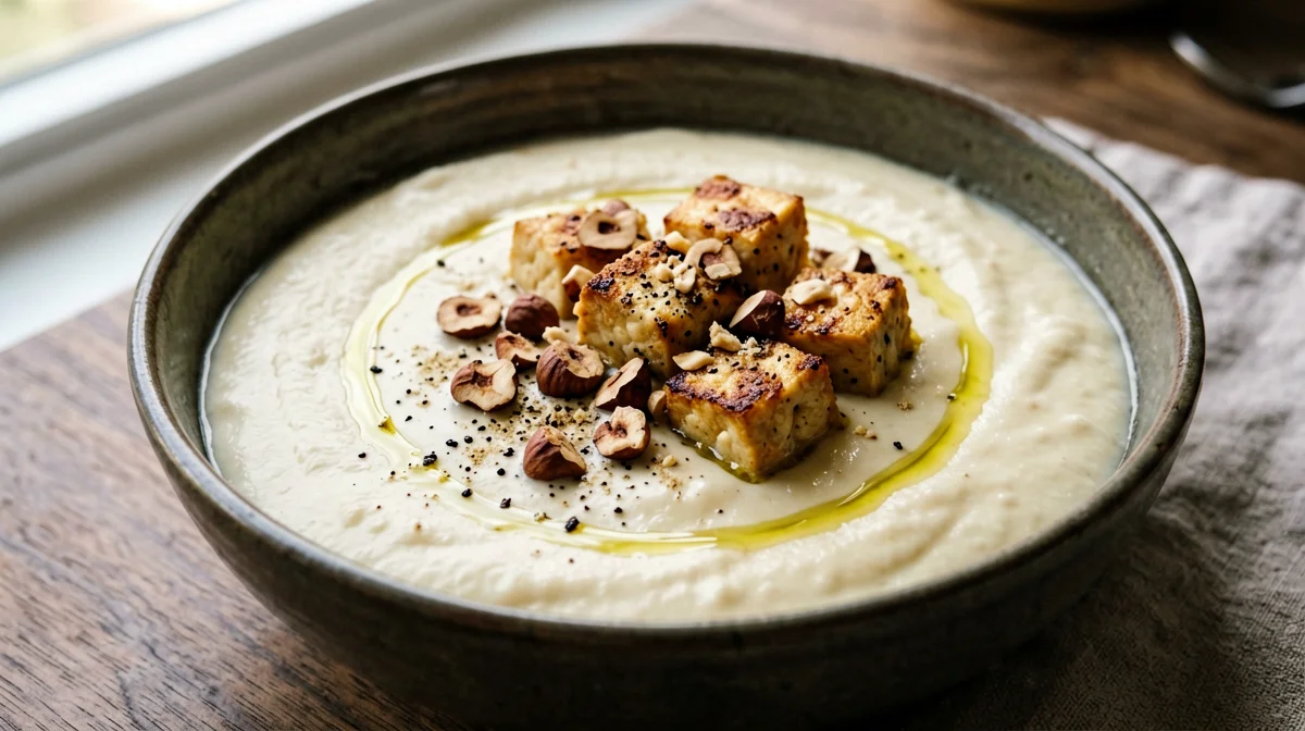 Crema di cavolfiore e tofu setoso con nocciole e tofu croccante