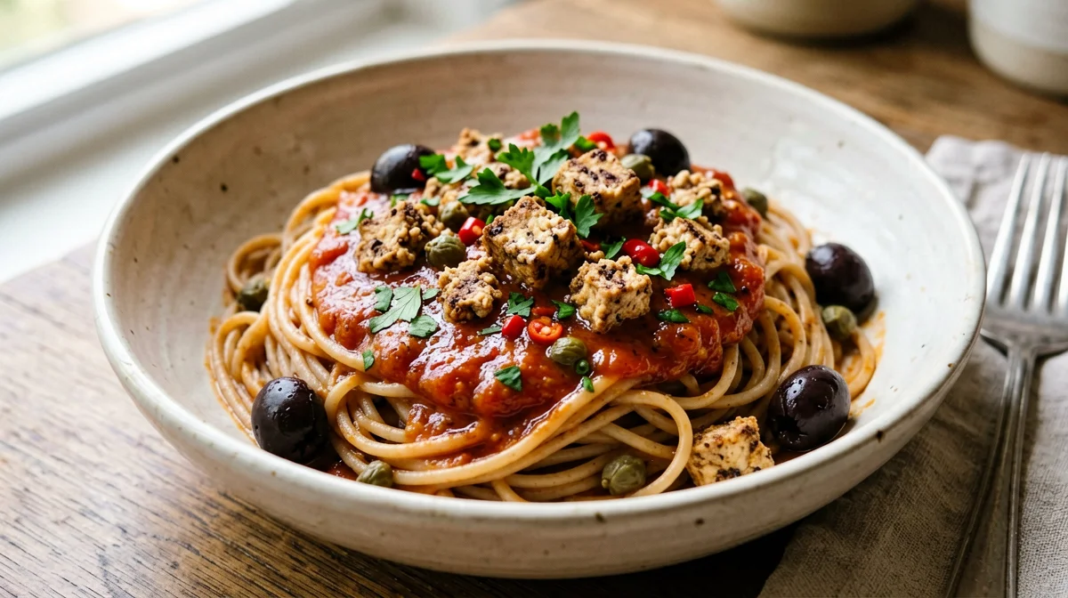Whole wheat spaghetti puttanesca with tofu