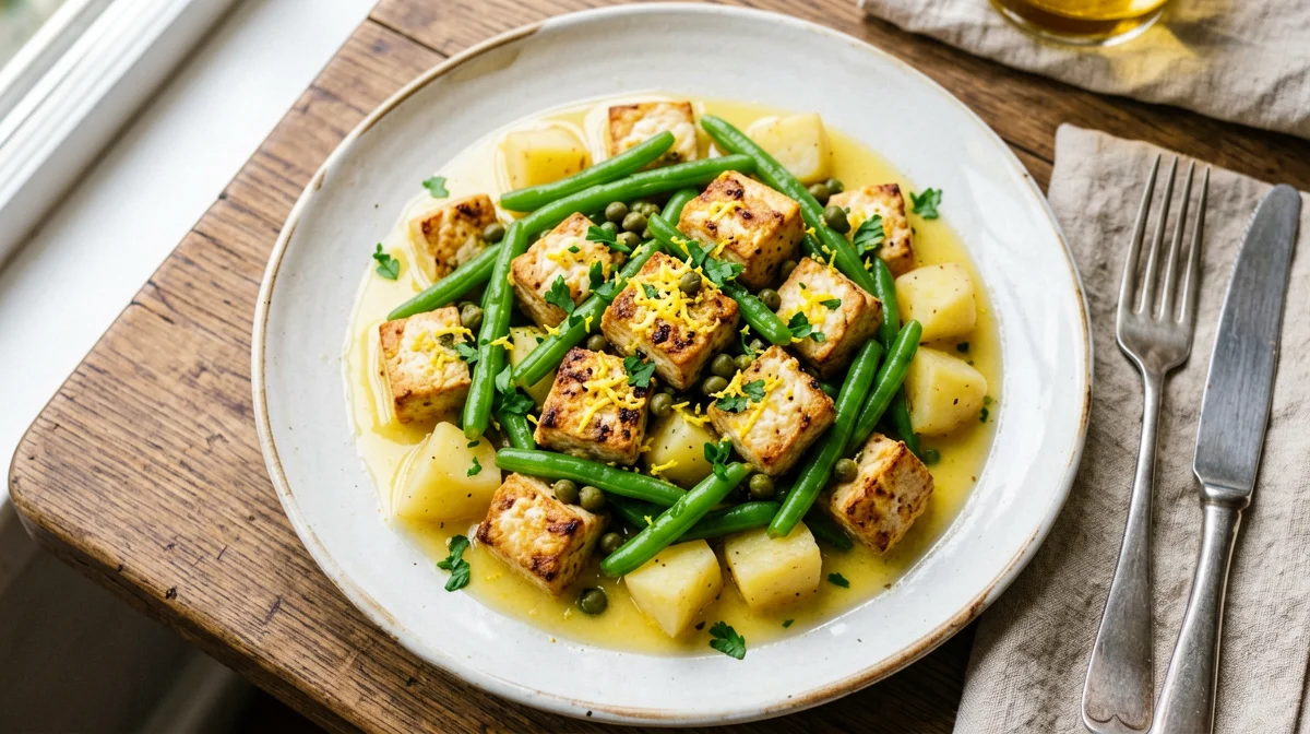Lemon-caper tofu bites with green beans