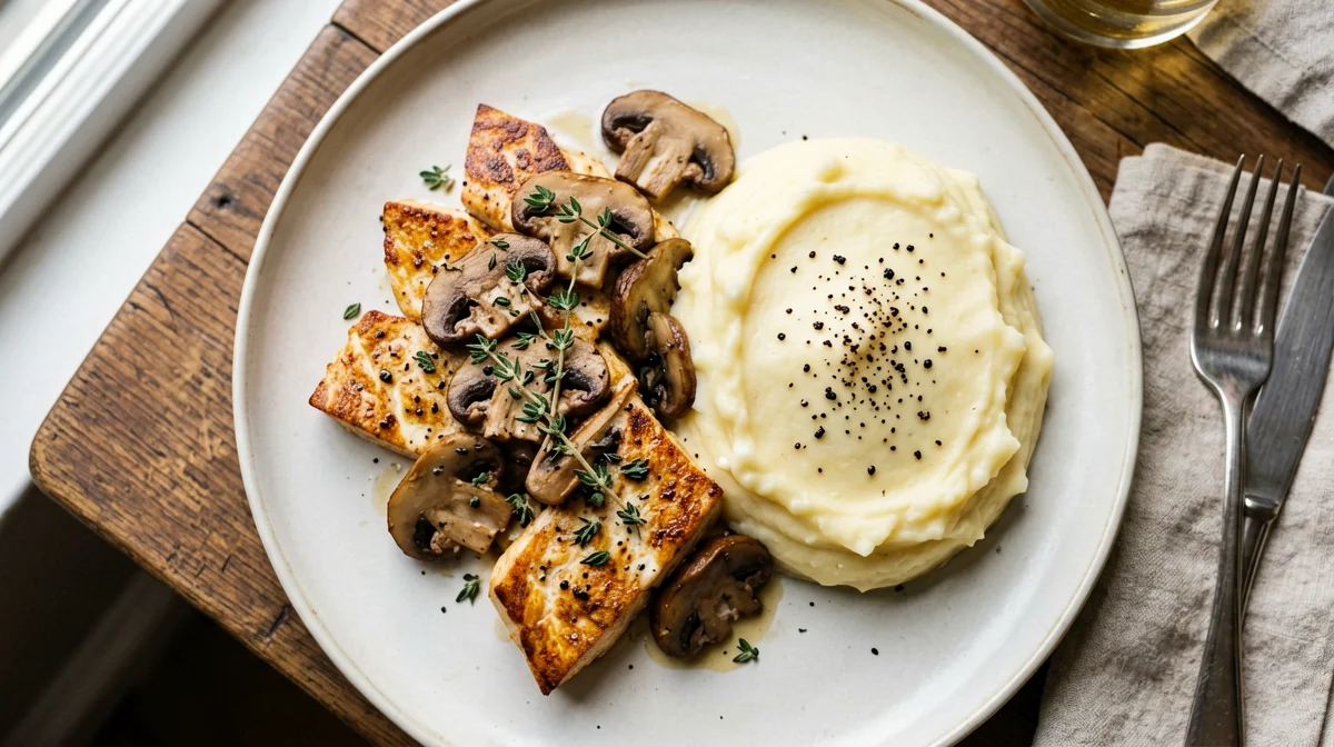 Tofu ai funghi e timo con purè di patate
