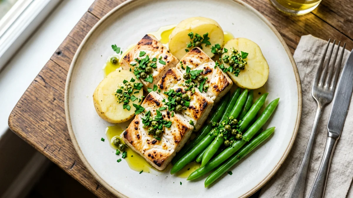 Tofu in salsa verde with boiled potatoes and green beans