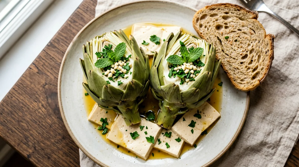 Carciofi in umido con tofu e mentuccia alla romana