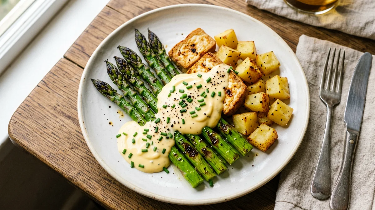 Roast asparagus and tofu with mustard-chive sauce