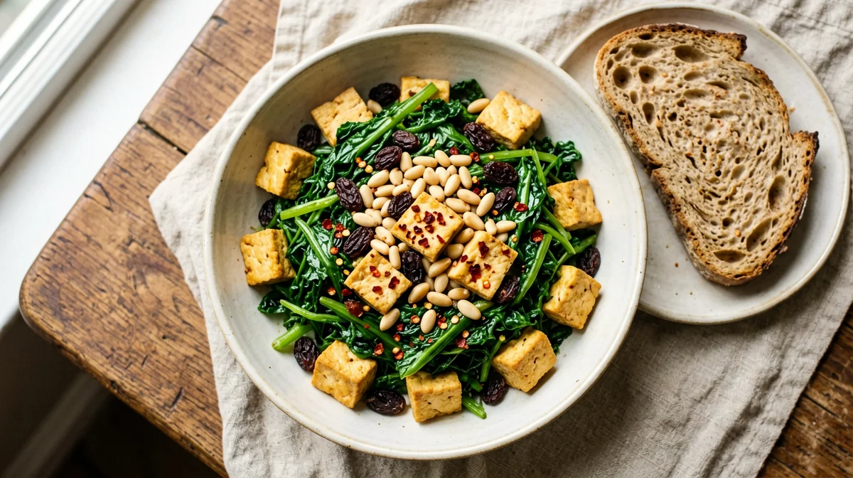 Sautéed tofu and cavolo nero with pine nuts and raisins