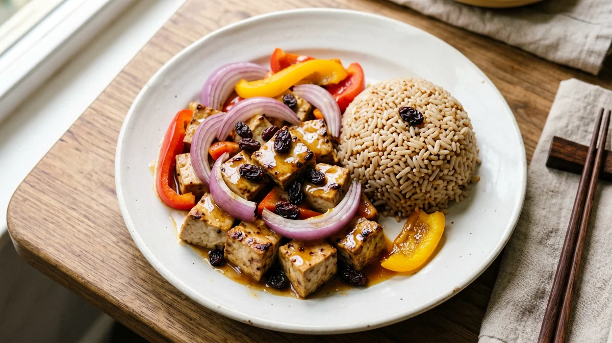 Sweet-and-sour tempeh with red onion and peppers
