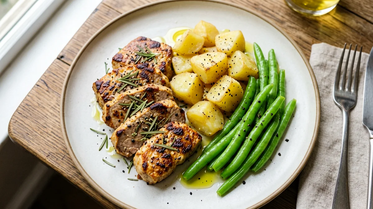Tempeh marinato al rosmarino con patate e fagiolini