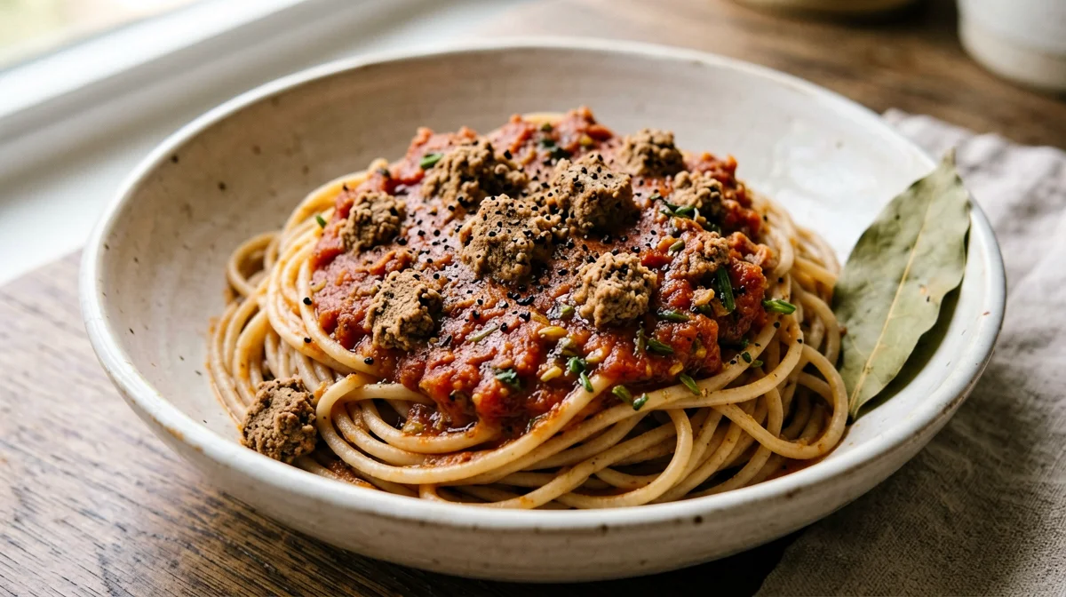 Whole wheat spaghetti with tempeh ragù