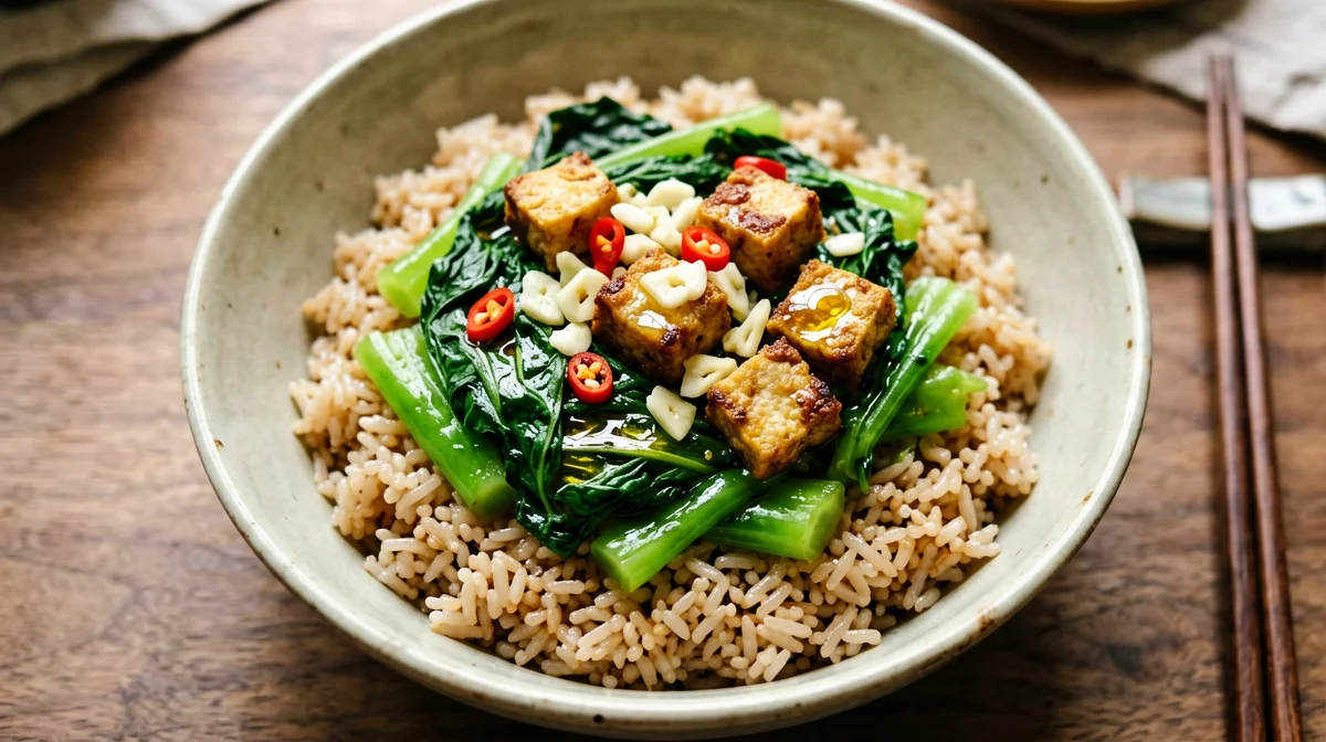 Tempeh, cime di rapa e riso integrale al peperoncino