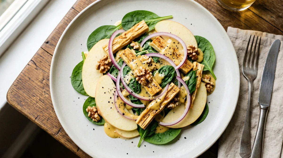 Warm tempeh salad with baby spinach, apple and walnuts