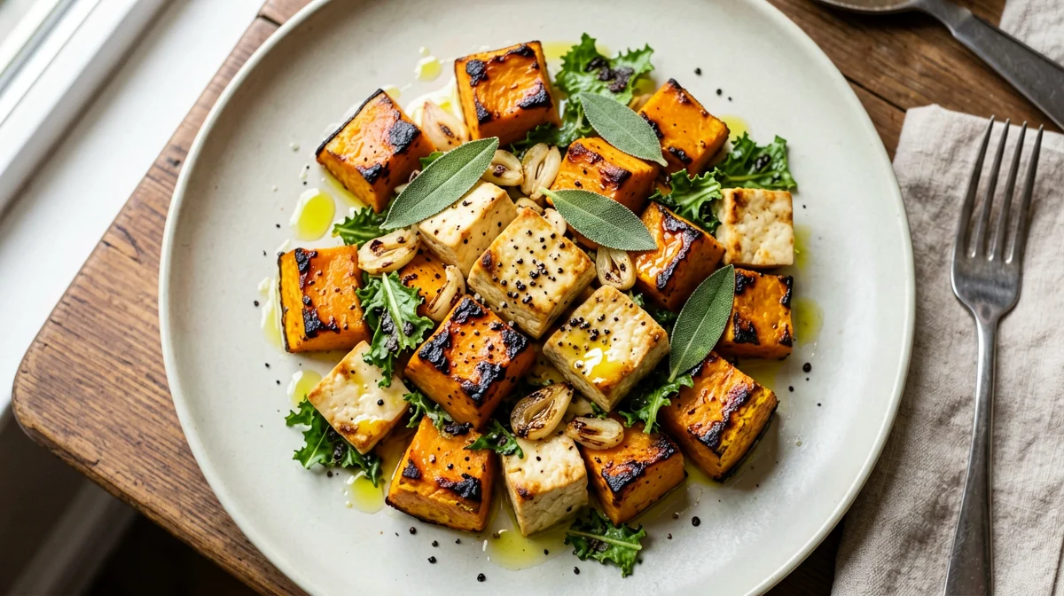 Tempeh alla salvia con zucca arrosto e cavolo nero