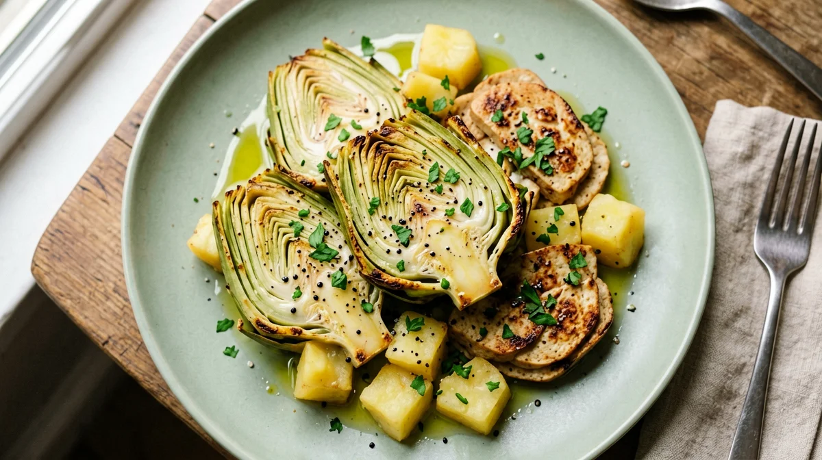 Pan-fried tempeh and artichokes with parsley