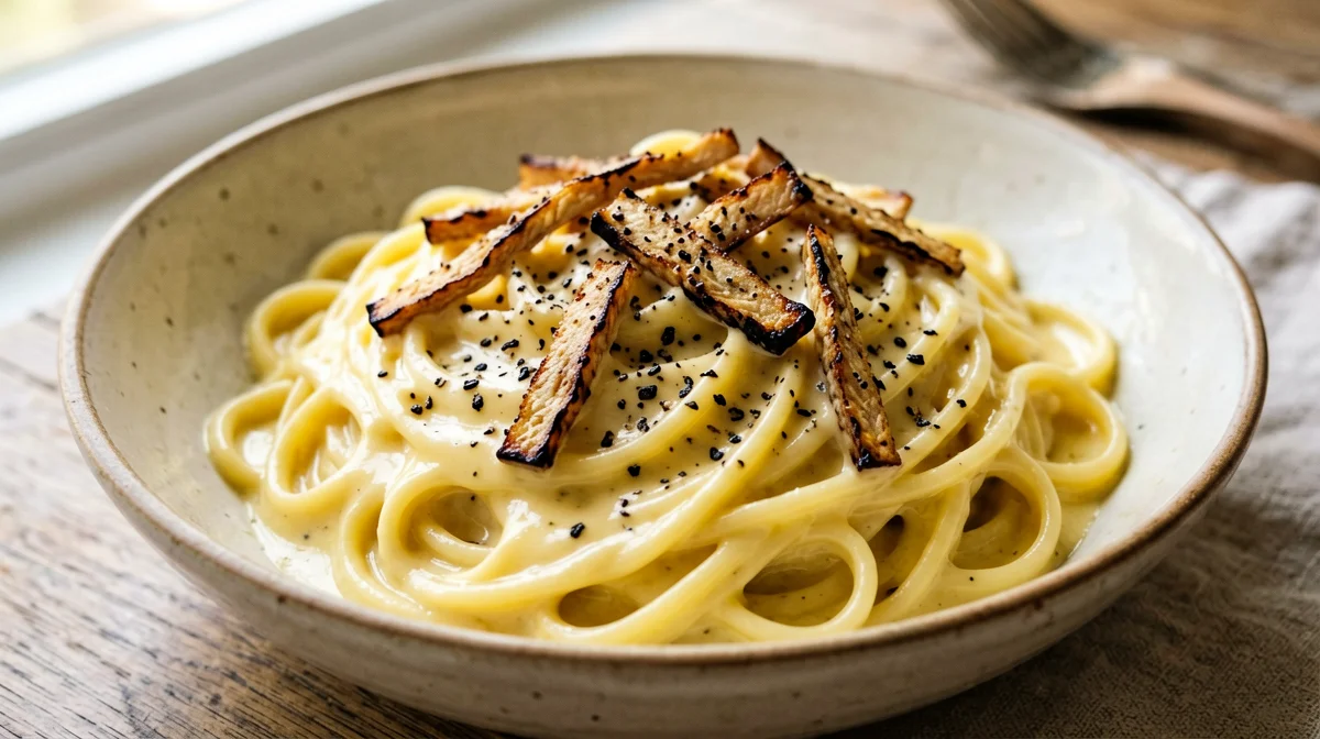 Carbonara vegana con tempeh croccante e crema di tofu setoso