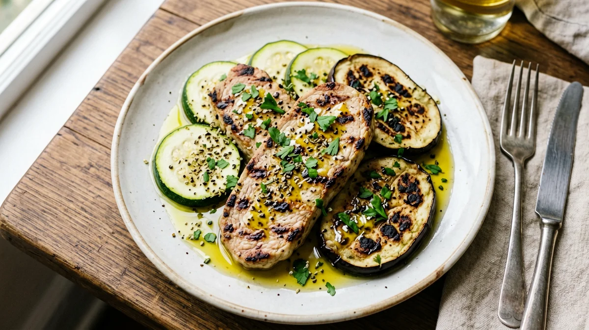 Tempeh grigliato al salmoriglio con verdure grigliate