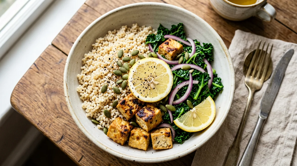 Bowl di tempeh, farro e cavolo nero con limone