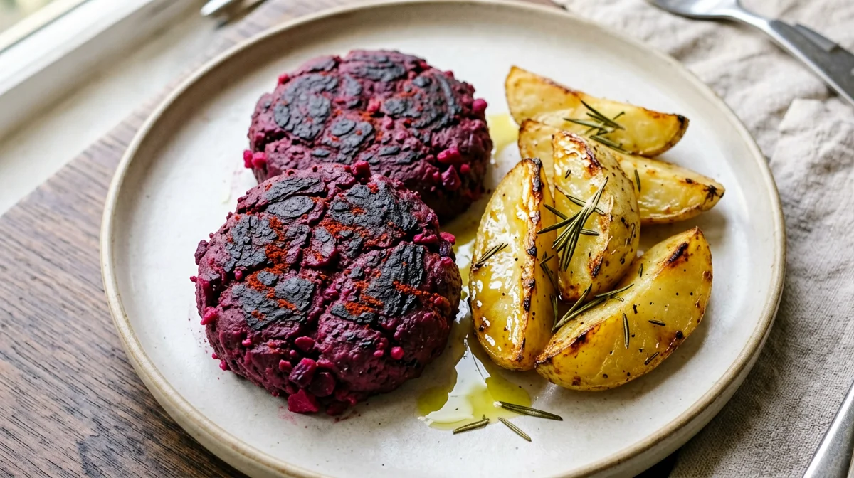 Tempeh and beetroot burgers with roast potatoes