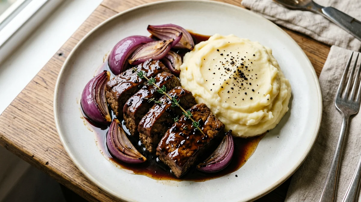 Tempeh brasato al balsamico con cipolle rosse e purè