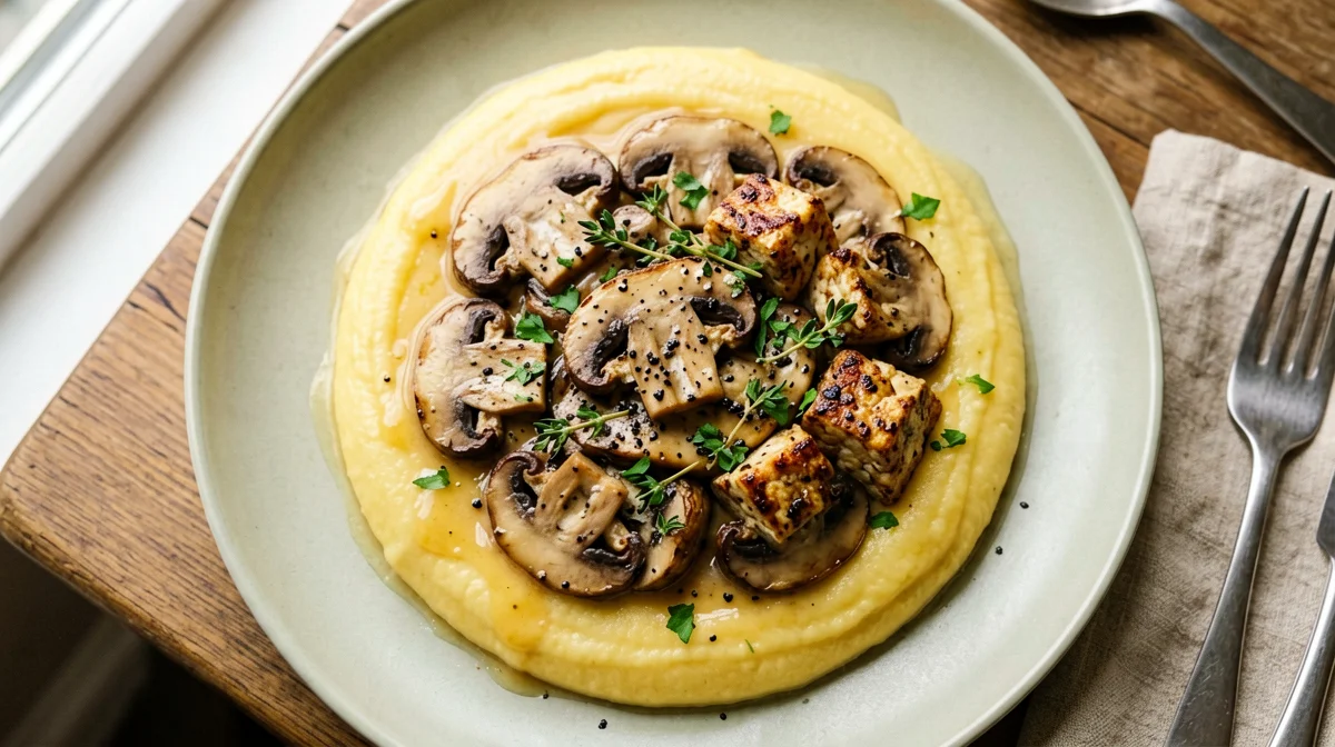 Tempeh con funghi trifolati e polenta